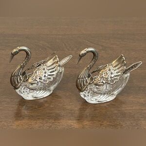 2 VINTAGE CUT GLASS AND SILVER-PLATED SWAN SALT CELLARS WITH EP STEEL SPOONS